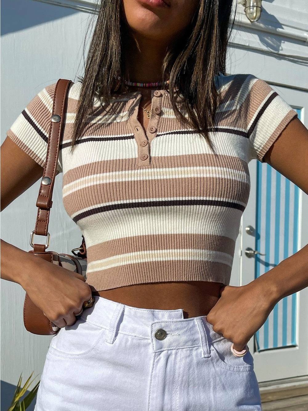 Princess Polly Orla Short Sleeve Top Brown Stripe Size XS/S